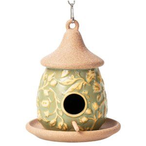 Ceramic Bird Cottage - Hanging Birdhouse & Feeder for Outside